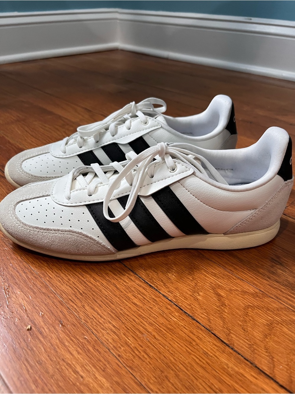 adidas White Sneakers with Black Stripes and Blue Trim - Picture 6 of 6